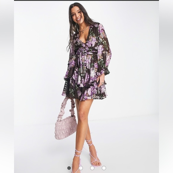 ASOS DESIGN button front brown floral mini dress in satin stripe long sleeve 10 - Picture 1 of 15